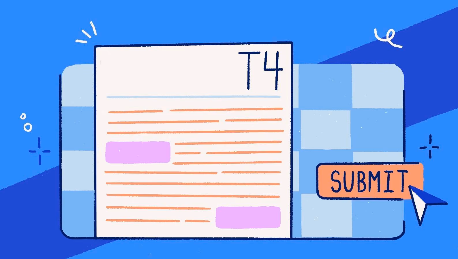 Illustration of a computer monitor displaying a digital T4A tax slip being filled out with a pencil, representing online tax filing.