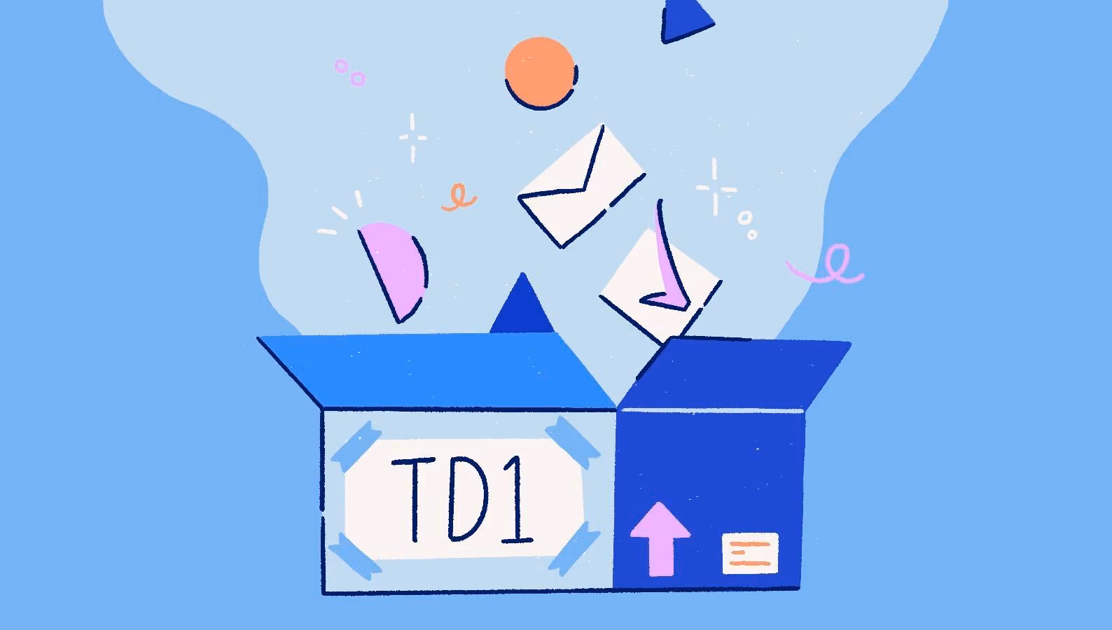 An illustration of an open blue box labeled TD1 with a checked envelope and colorful shapes popping out of it, representing the tax forms and documents to collect from new employees.