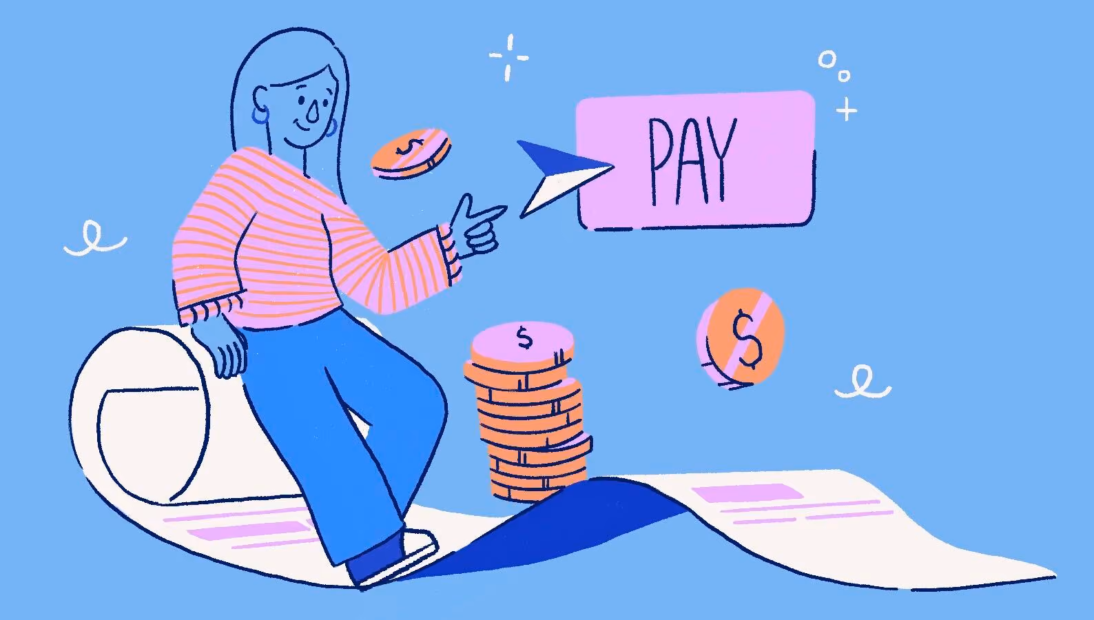 Illustration of a first-time employer processing payroll in Canada, showing employee pay, payroll documents, and wage payments.
