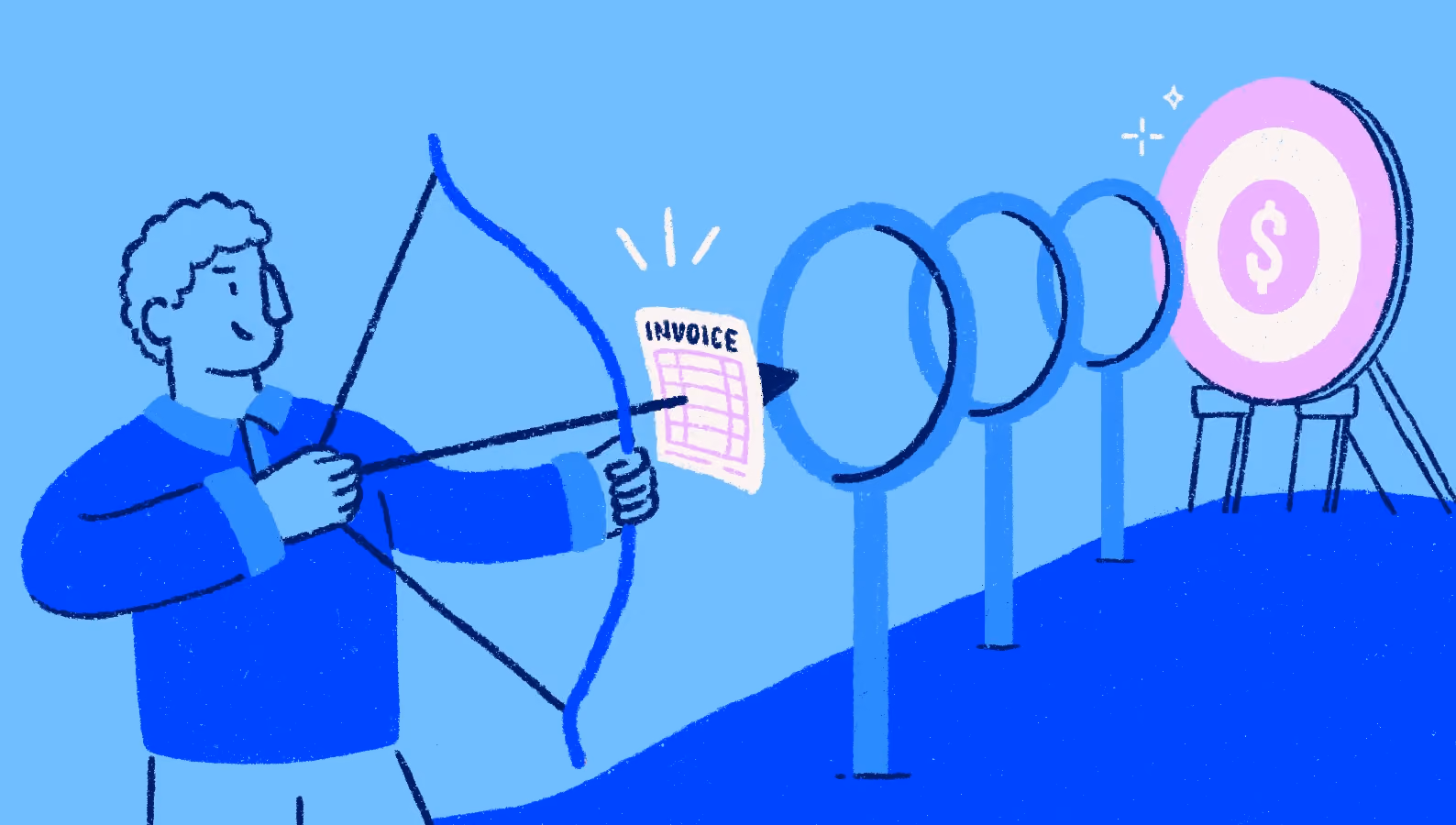 Illustration of a small business owner aiming an invoice at a payment target with a bow and arrow, representing accounts receivable management, faster invoice collection, and getting paid on time.