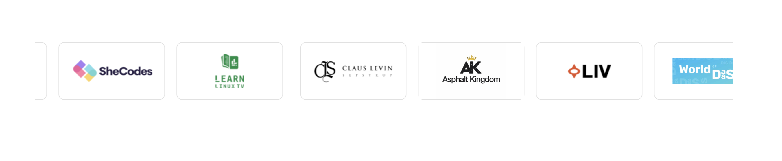 Client logos: SheCodes, Learn Linux TV, Claus Levin Sepstrup, Asphalt Kingdom, LIV, World of DaaS