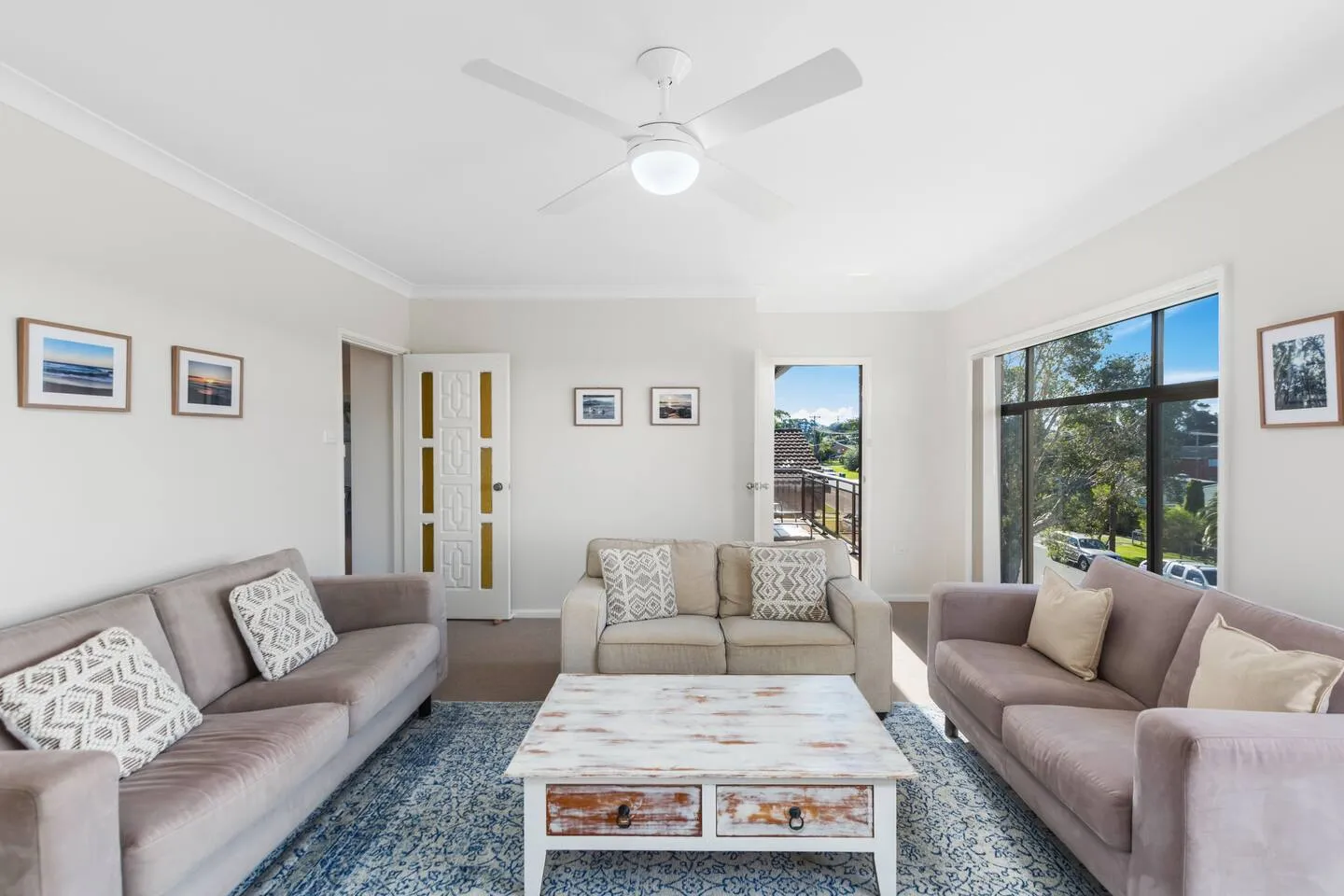 The cosy living area is replete with plenty of seating for the entire group, loads of natural light and a ceiling fan to keep you cool in the warmer months.