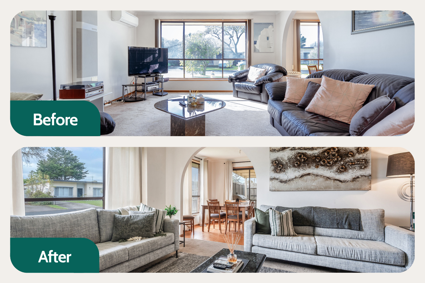 Before and after the restyle: leather couches replaced with grey ones, plus a new rug and wall art.