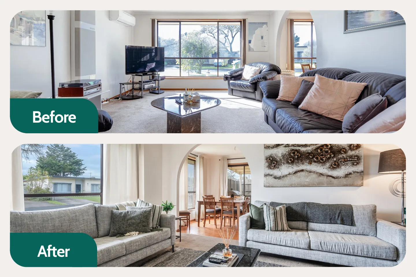 Before and after the restyle: leather couches replaced with grey ones, plus a new rug and wall art.