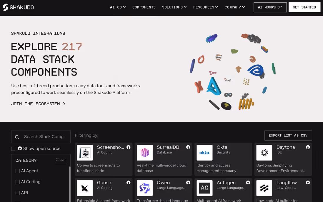 screenshot of shakudo integrations and stack components page