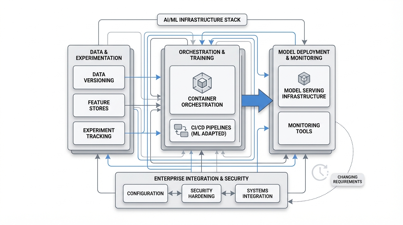 A complex technical architecture diagram showing the interconnected components of AI/ML infrastructure stack, with multiple layers depicting container orchestration, model serving, feature stores, monitoring tools, and CI/CD pipelines, illustrating the complexity and interdependencies.