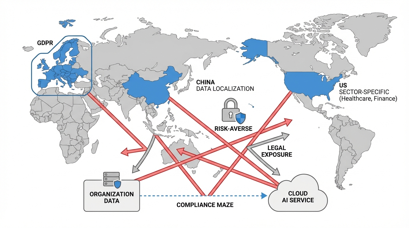 A world map or geographical visualization showing different regulatory frameworks across regions (GDPR in Europe, data localization in China, sector regulations in US) with data flow arrows illustrating cross-border data transfer challenges and compliance boundaries.