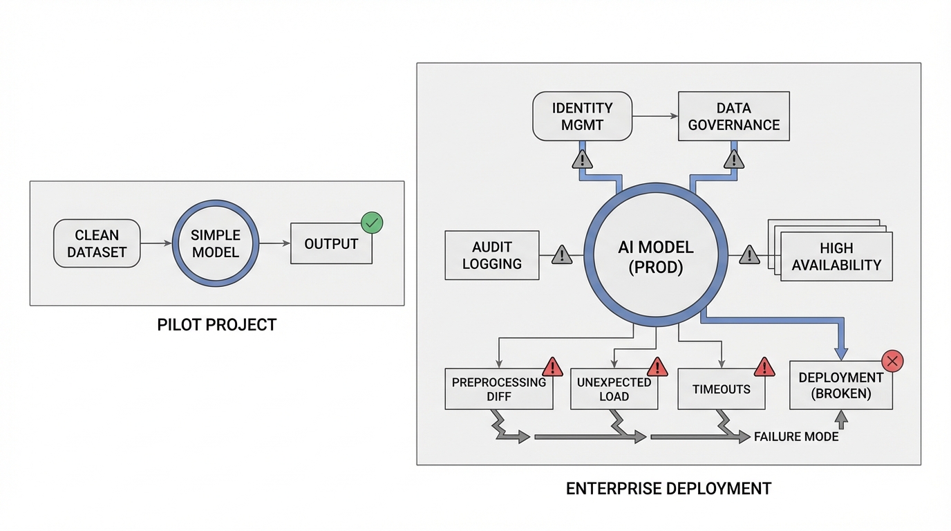 A before-and-after workflow diagram contrasting a simple pilot project environment with a complex enterprise deployment showing multiple integration touchpoints (identity management, data governance, audit logging, high availability) and failure points between development and production stages.