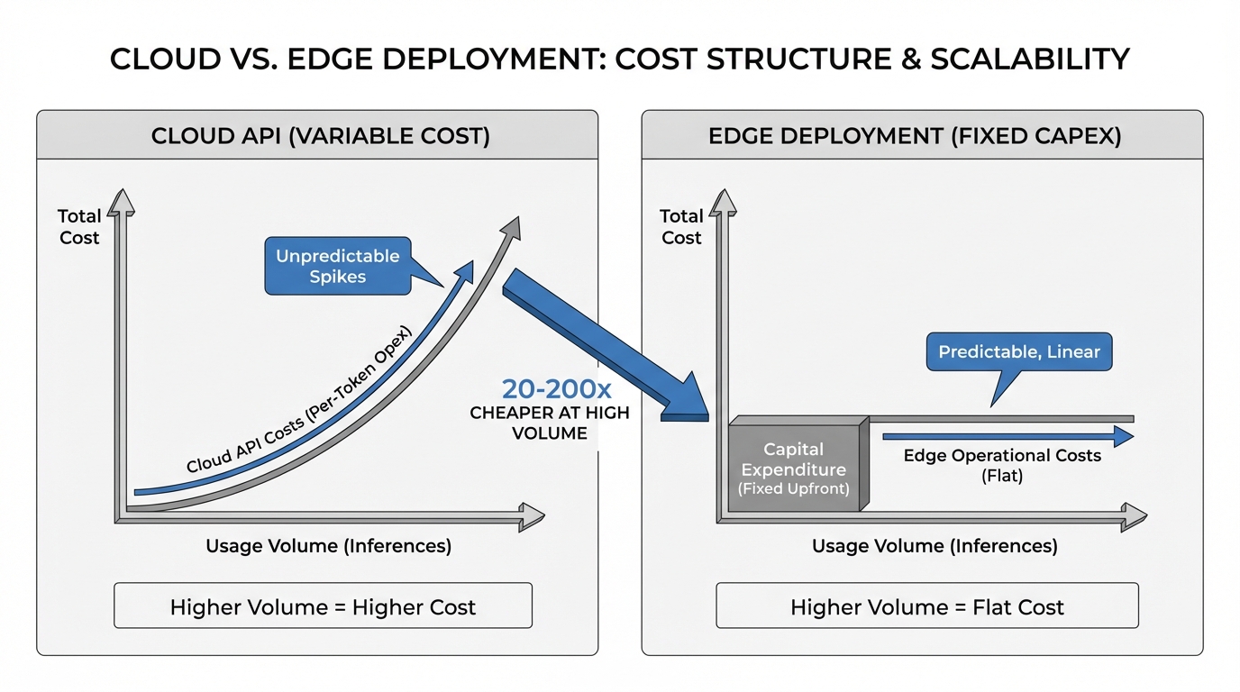 A comparison chart showing cost curves over time: cloud API costs (variable, increasing sharply with volume) versus edge deployment costs (fixed upfront investment with flat ongoing costs), highlighting the 20-200x cost advantage at high volumes.