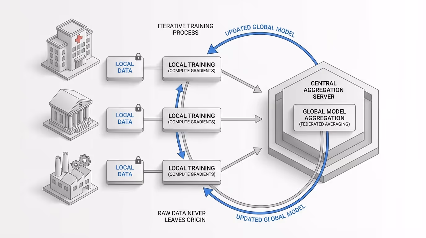 An architectural diagram showing the federated learning workflow with multiple distributed nodes (hospital, bank, factory) keeping data locally, sending only model updates to a central aggregation server, and receiving the updated global model back in an iterative cycle.