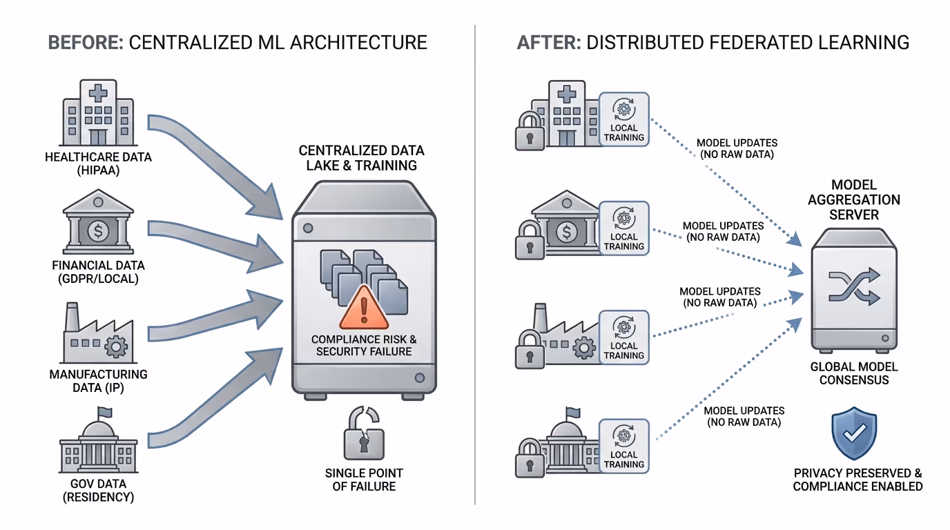 A before-and-after comparison visual showing the traditional centralized ML approach (multiple data sources flowing into one central database with risk indicators) versus the distributed federated learning approach (data staying at source locations with only model updates being shared).