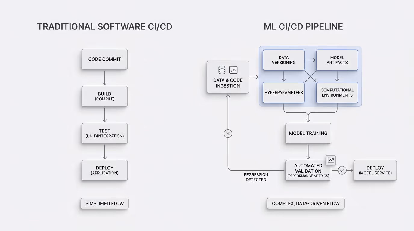 A visual diagram comparing traditional software CI/CD pipeline versus ML CI/CD pipeline, showing the additional components like data versioning, model artifacts, hyperparameters, and computational environments that make ML pipelines more complex.