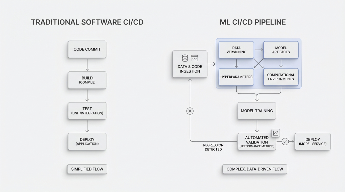 A visual diagram comparing traditional software CI/CD pipeline versus ML CI/CD pipeline, showing the additional components like data versioning, model artifacts, hyperparameters, and computational environments that make ML pipelines more complex.