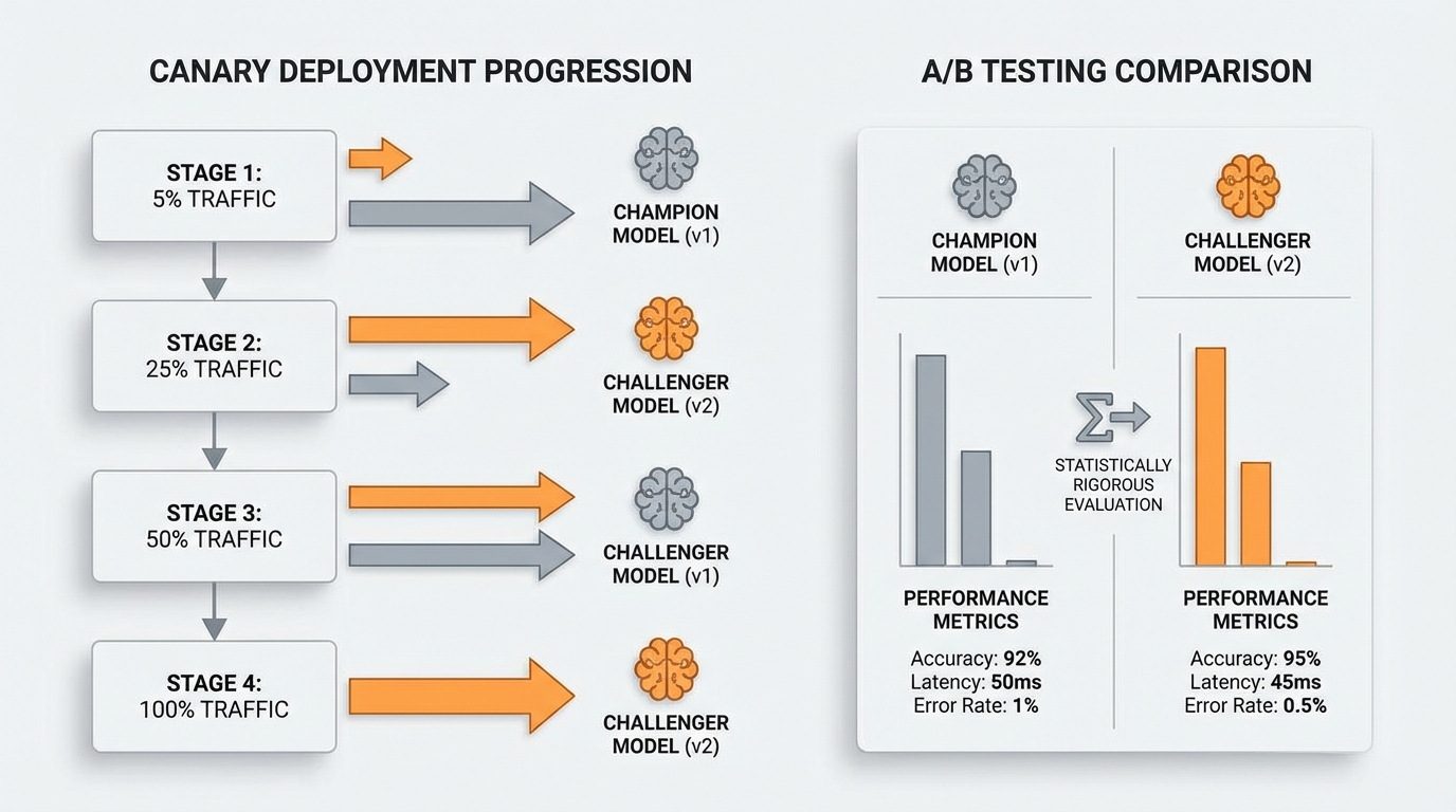 A progressive rollout diagram showing canary deployment strategy with traffic percentages (e.g., 5%, 25%, 50%, 100%) and A/B testing comparison between champion and challenger models with performance metrics.