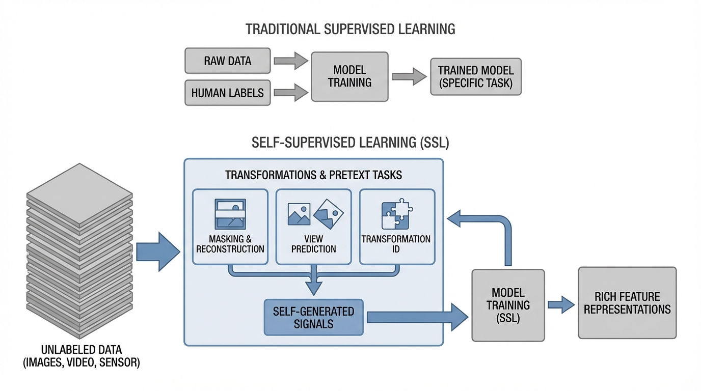 A technical workflow diagram showing how self-supervised learning processes unlabeled data through transformations and pretext tasks to generate supervisory signals, contrasted with traditional supervised learning's reliance on human labels.