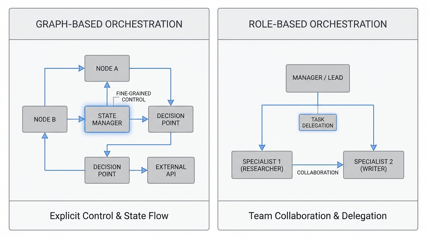 A side-by-side comparison diagram showing graph-based orchestration (with nodes, edges, and state flows) versus role-based orchestration (with team hierarchies and delegation patterns), illustrating the architectural differences between frameworks like LangGraph and CrewAI.