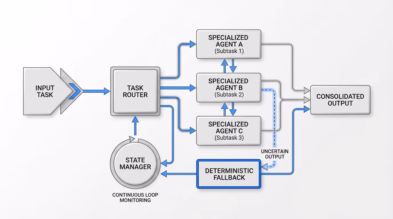 A workflow diagram showing a well-orchestrated multi-agent system with specialized agents handling specific tasks, deterministic fallback mechanisms, state management flows, and intelligent task routing paths between components.
