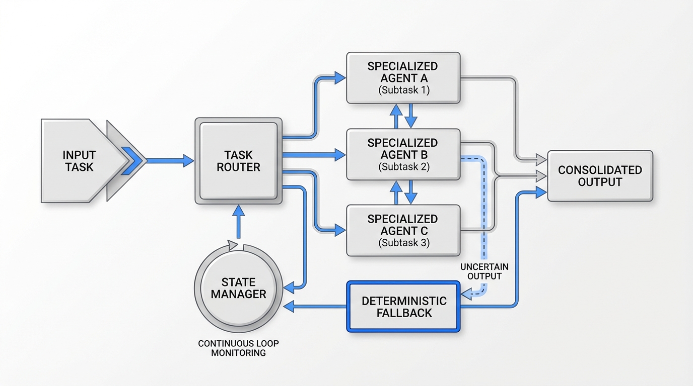 A workflow diagram showing a well-orchestrated multi-agent system with specialized agents handling specific tasks, deterministic fallback mechanisms, state management flows, and intelligent task routing paths between components.