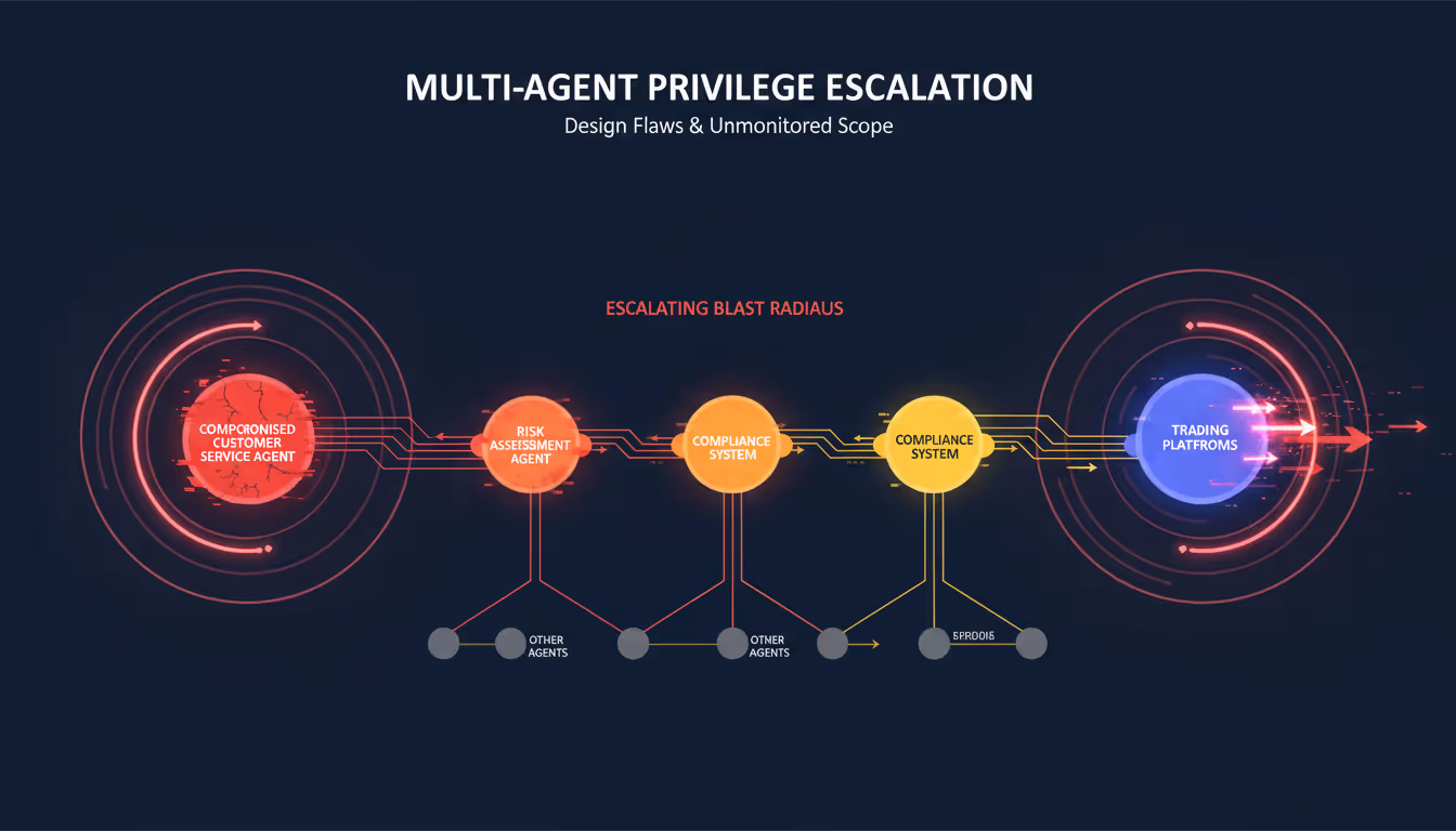 A visual representation of a multi-agent system showing privilege escalation chains, with one compromised agent at the entry point cascading elevated permissions through connected agents (customer service → risk assessment → compliance → trading platforms), illustrating the expanding blast radius.