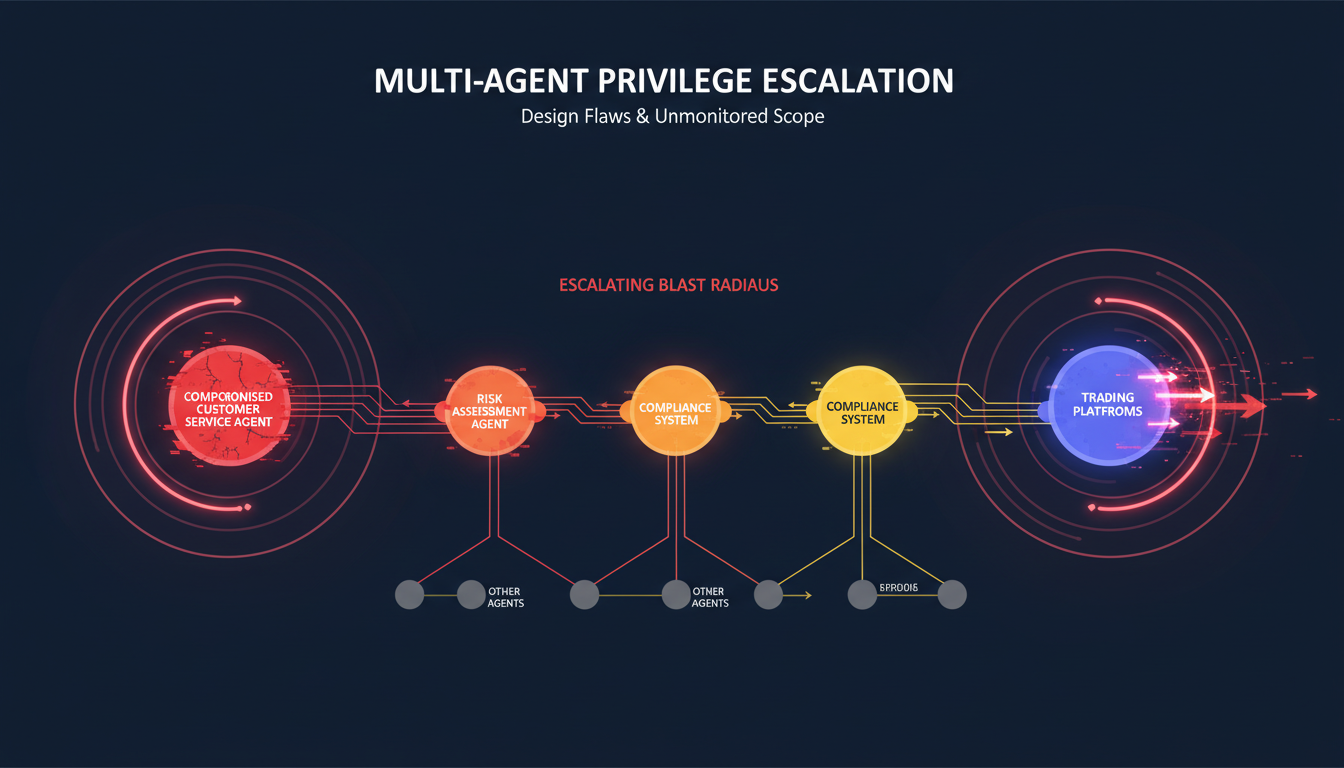 A visual representation of a multi-agent system showing privilege escalation chains, with one compromised agent at the entry point cascading elevated permissions through connected agents (customer service → risk assessment → compliance → trading platforms), illustrating the expanding blast radius.