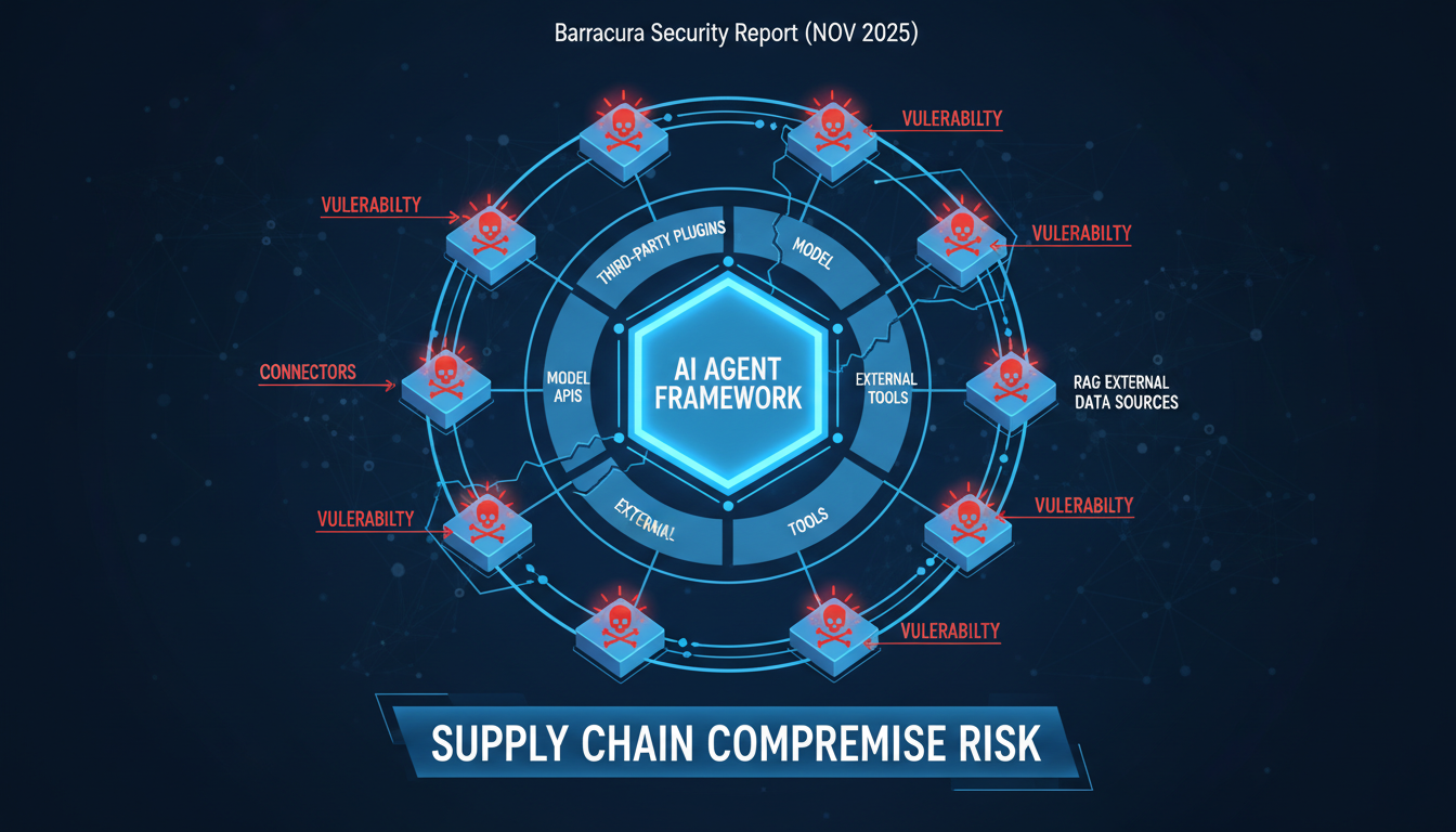 An infographic showing the AI agent supply chain with multiple layers: core agent framework at center, surrounded by third-party plugins, tools, APIs, RAG connectors, and external data sources, with vulnerability indicators showing potential compromise points throughout the chain.