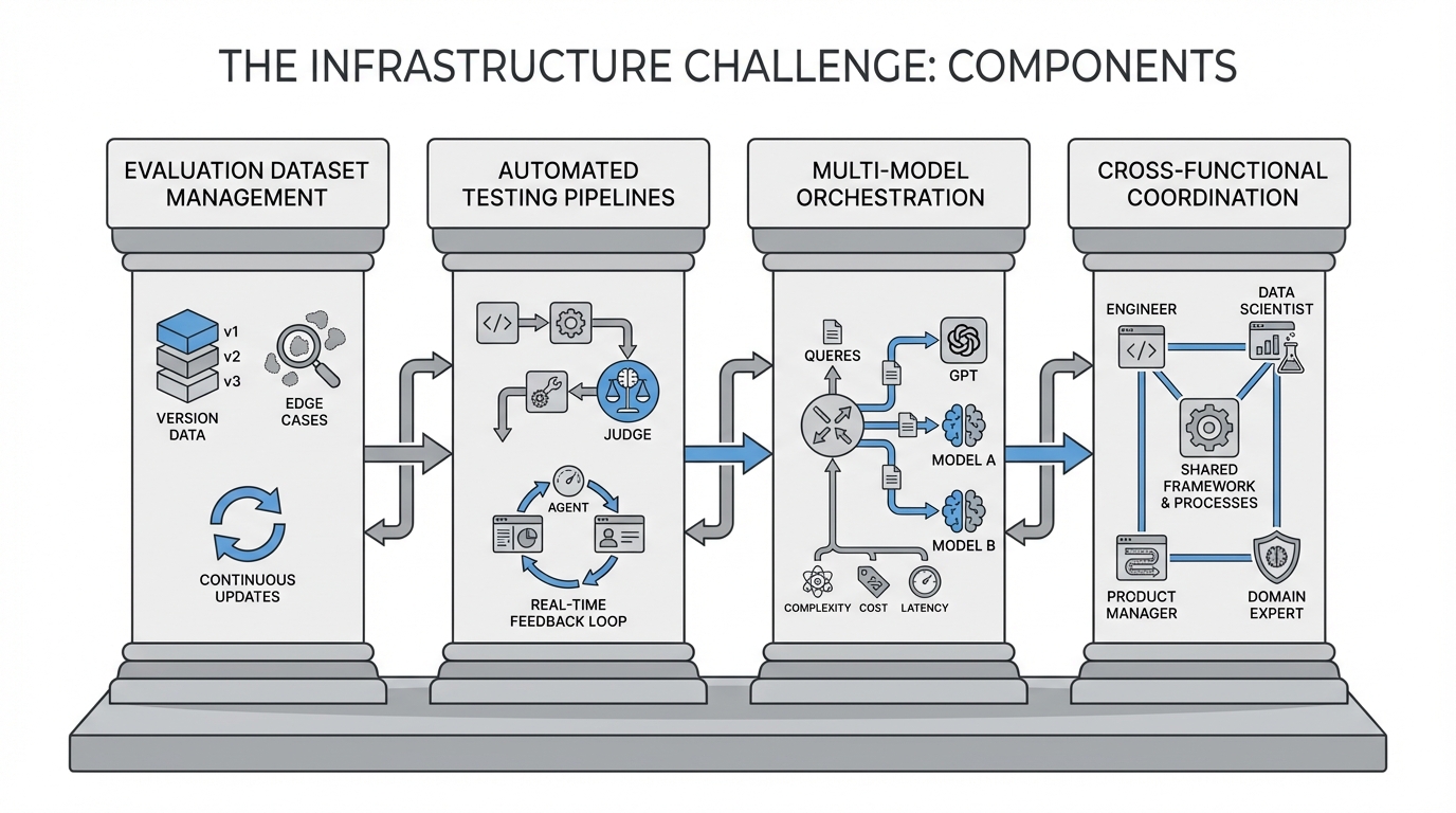 An architectural diagram showing the four infrastructure components as interconnected pillars or layers, with icons representing dataset management, CI/CD pipelines, multi-model routing, and cross-functional teams working together.