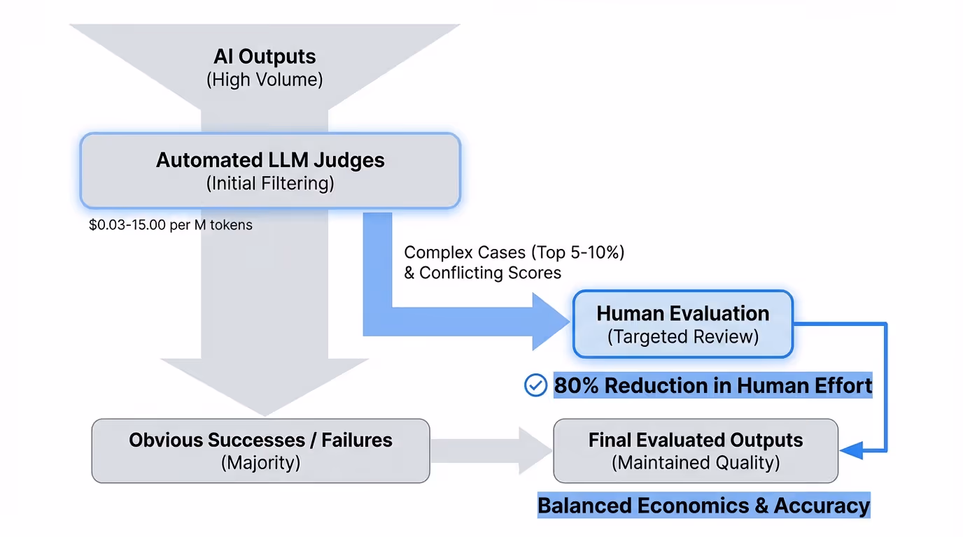 A flowchart or funnel diagram showing the hybrid evaluation workflow: automated LLM judges filtering the majority of outputs, with a smaller subset being escalated to human reviewers, including cost savings percentages at each stage.