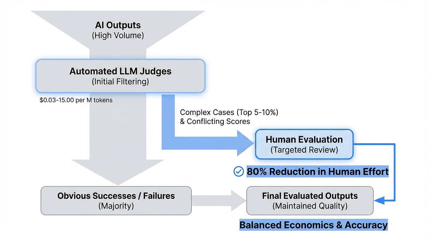 A flowchart or funnel diagram showing the hybrid evaluation workflow: automated LLM judges filtering the majority of outputs, with a smaller subset being escalated to human reviewers, including cost savings percentages at each stage.