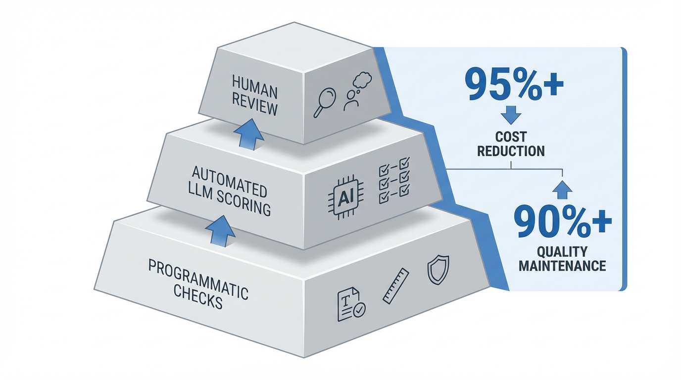 A pyramid or tiered diagram showing three evaluation layers from bottom to top: programmatic checks (wide base), automated LLM scoring (middle layer), and human review (narrow top), with metrics showing cost reduction and quality maintenance.