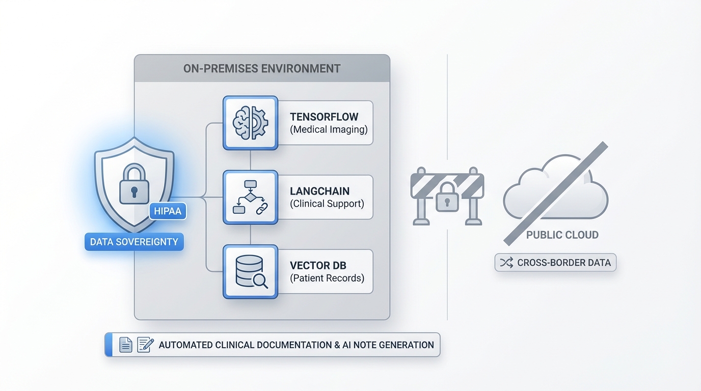 A healthcare-specific architecture diagram showing on-premises AI infrastructure with TensorFlow, LangChain, and vector databases behind a compliance shield, with HIPAA badges and data sovereignty indicators, contrasted with crossed-out cloud icons to emphasize the regulatory constraints.