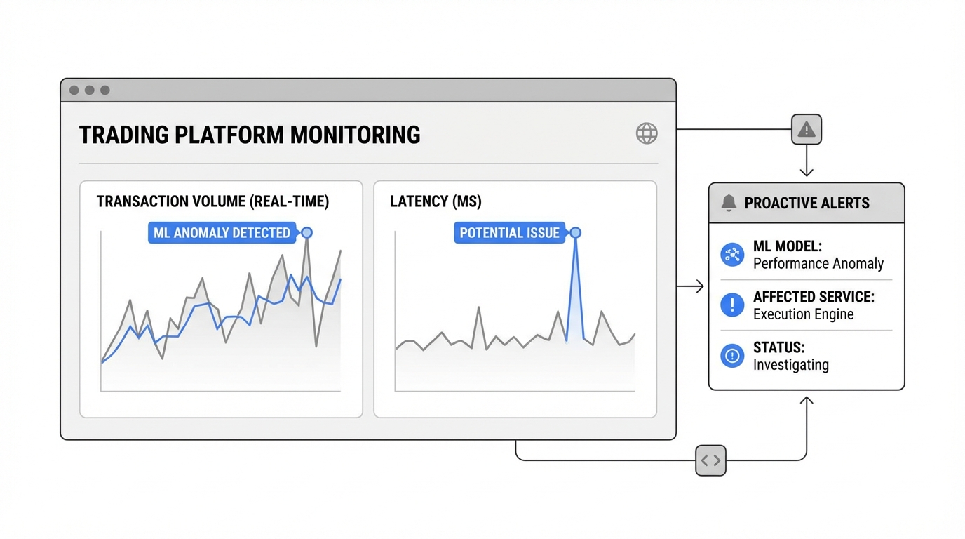 A dashboard mockup showing real-time trading platform metrics with ML-detected anomaly alerts highlighting potential issues before they affect transactions, demonstrating proactive monitoring in action.