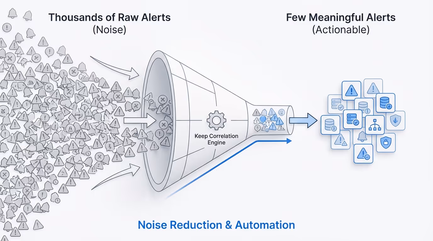 A before-and-after visual showing thousands of individual alerts on one side being consolidated through Keep's correlation engine into 10-15 actionable, meaningful alerts on the other side, illustrating noise reduction.