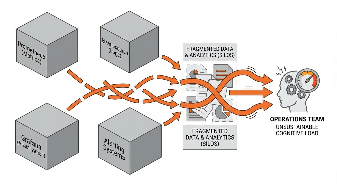 A diagram showing multiple disconnected monitoring tools (Prometheus, Elasticsearch, Grafana, alerting systems) creating data silos, with arrows indicating fragmented data flows and highlighting the complexity and cognitive load on operations teams.