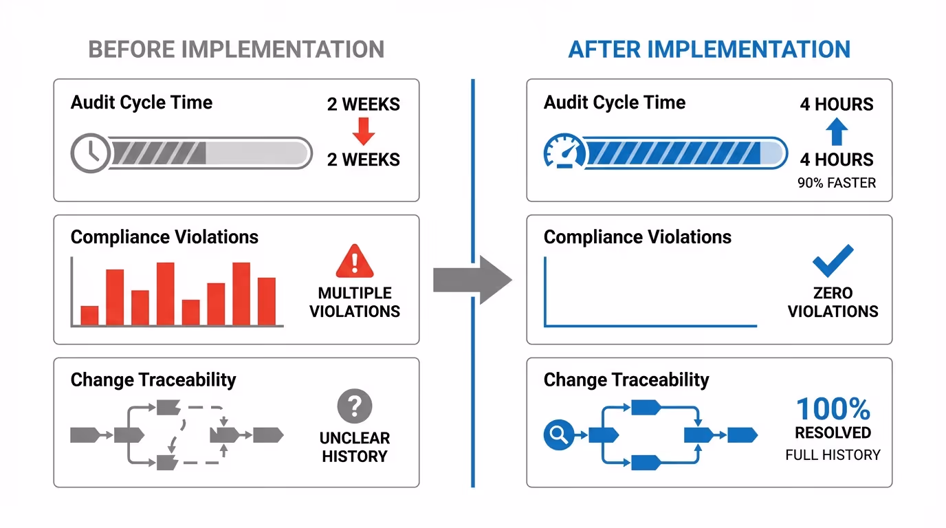 A before-and-after comparison chart or dashboard showing the dramatic improvement in audit metrics: 2 weeks vs 4 hours for audits, zero violations, and 100% traceability, with visual indicators like speedometers or progress bars.