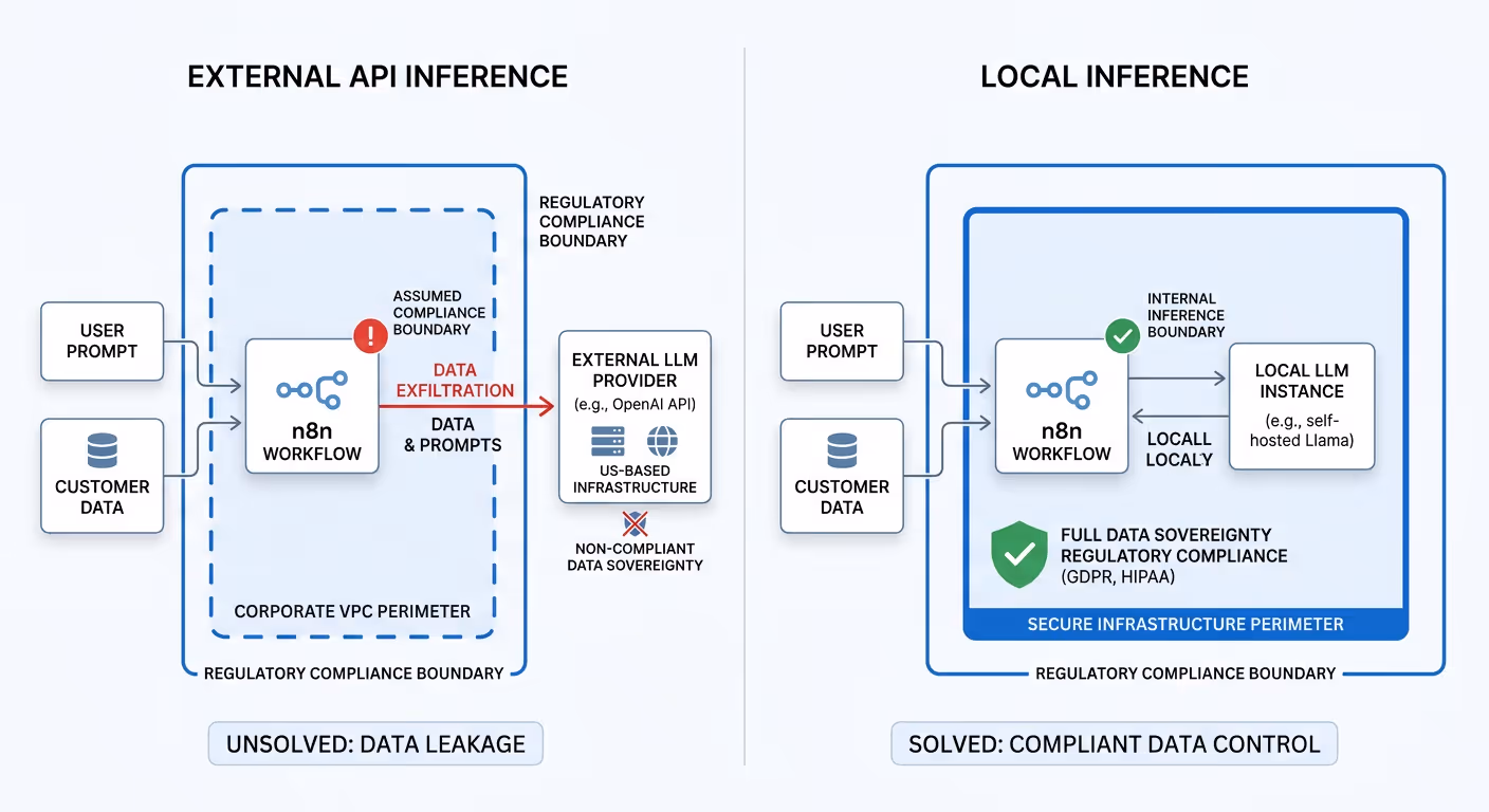 A network boundary diagram contrasting two scenarios side by side: one showing data leaving a corporate VPC perimeter to an external LLM API, and another showing fully contained inference within the enterprise perimeter, with clear visual indicators of where regulatory compliance boundaries lie.