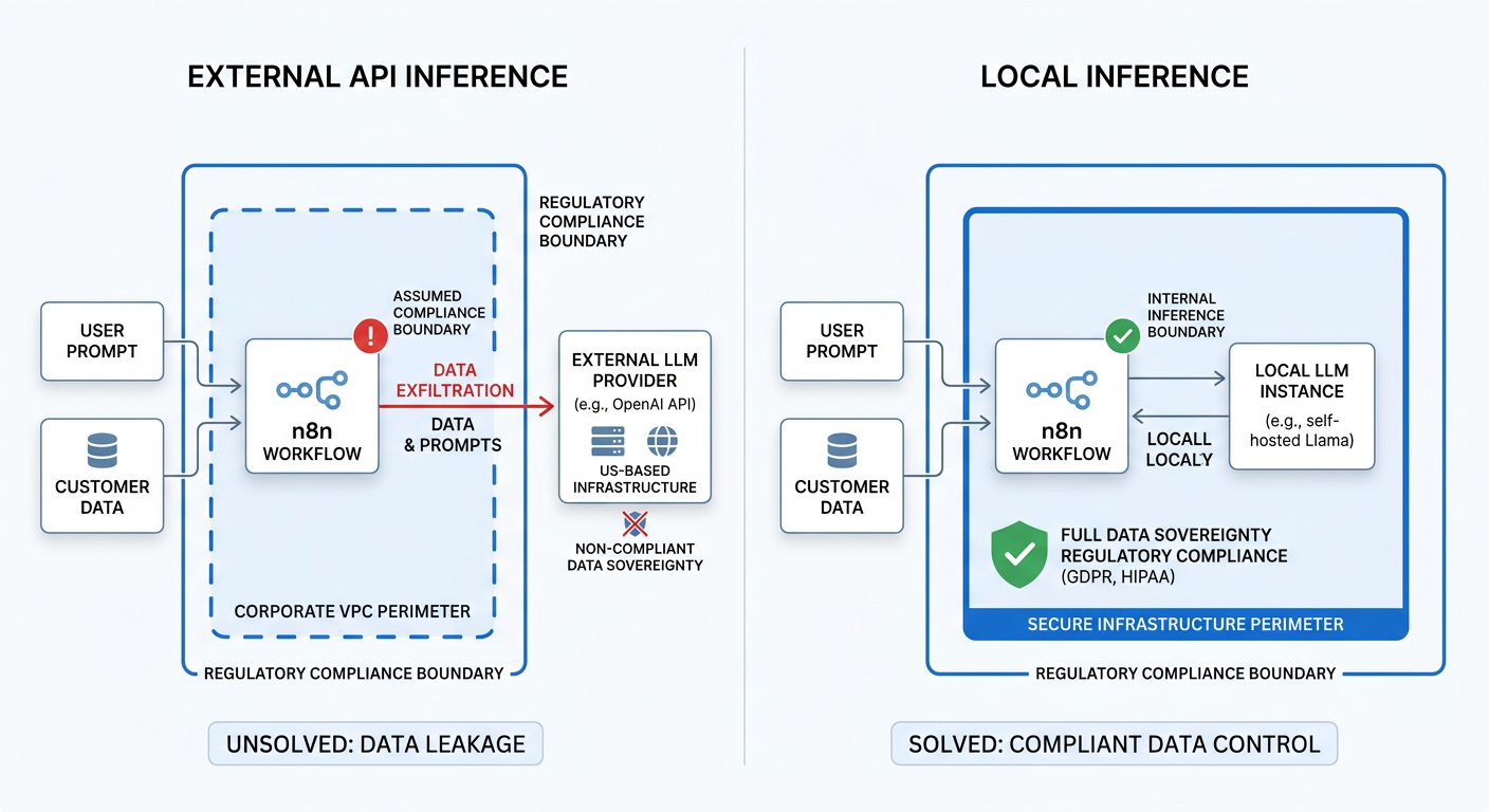 A network boundary diagram contrasting two scenarios side by side: one showing data leaving a corporate VPC perimeter to an external LLM API, and another showing fully contained inference within the enterprise perimeter, with clear visual indicators of where regulatory compliance boundaries lie.