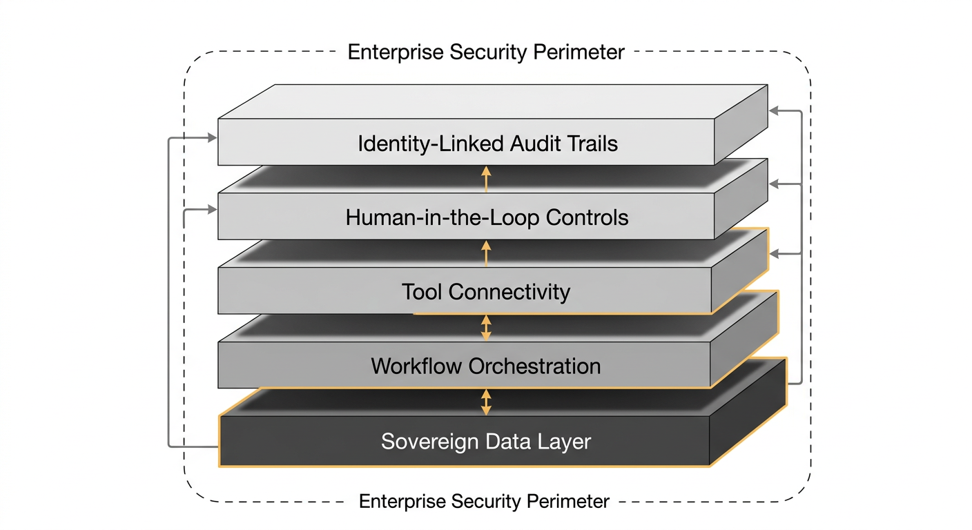 A layered architecture diagram illustrating the five infrastructure components of a production-grade enterprise AI agent platform, depicted as stacked layers (sovereign data at the base, workflow orchestration, tool connectivity, human-in-the-loop controls, and audit trails at the top), emphasizing the enterprise security perimeter boundary.