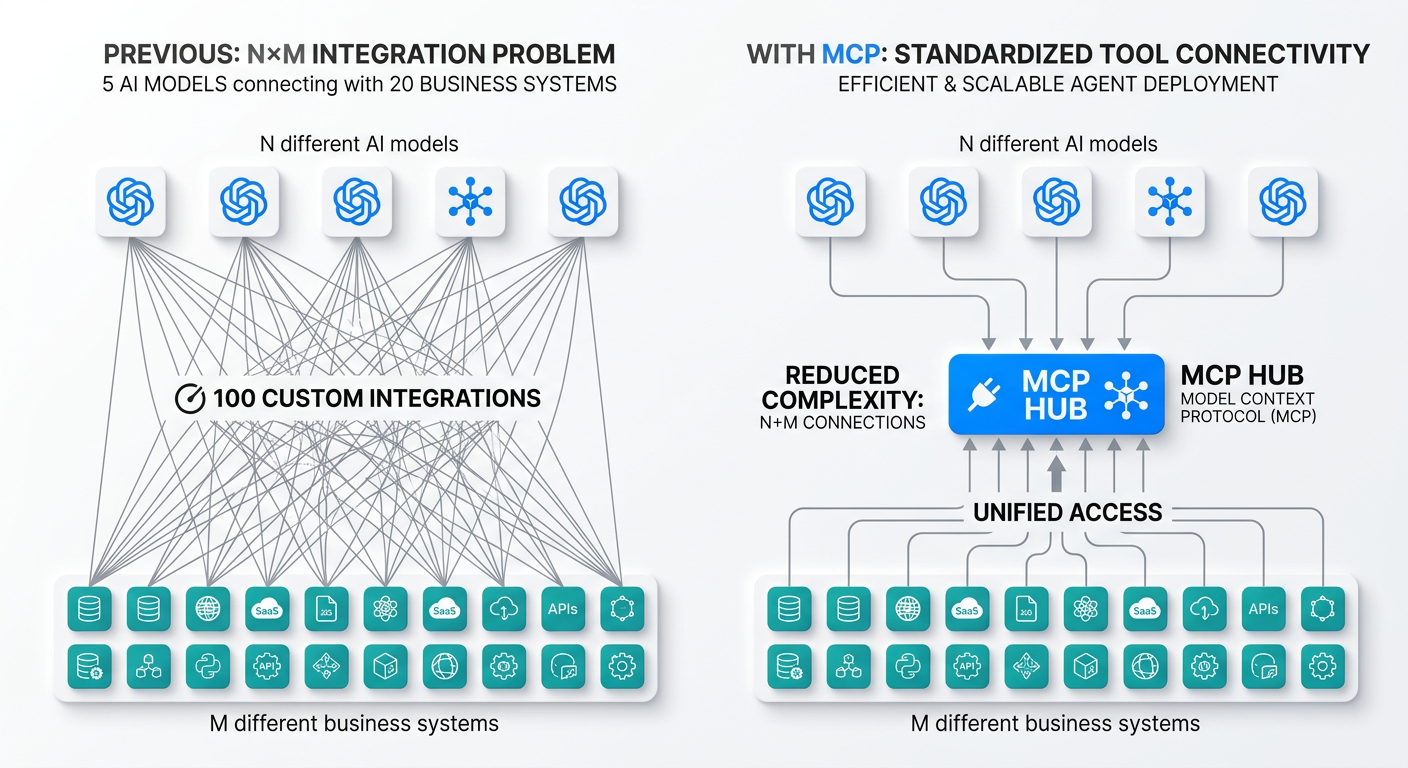 A before-and-after diagram illustrating the N×M integration problem: on the left, a complex web of direct connections between 5 AI models and 20 enterprise tools showing 100 integration lines; on the right, the same models and tools connected cleanly through a single central MCP hub, dramatically reducing complexity.