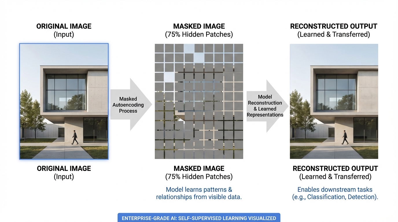A visual demonstration of masked autoencoding showing an original image, the same image with 75% of patches masked/hidden, and the model's reconstruction, illustrating how the network learns to understand visual patterns.