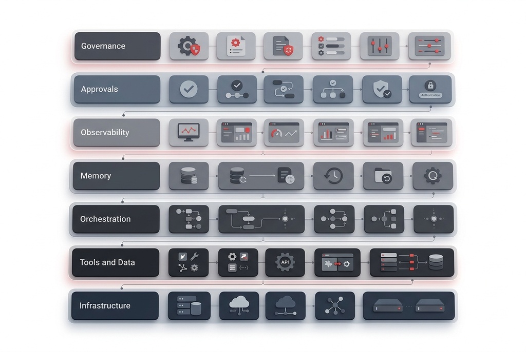 Enterprise AI requirements diagram showing governance, approvals, observability, memory, orchestration, tools and data, and infrastructure.