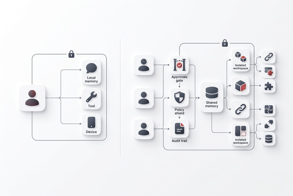 Diagram comparing a personal single-user OpenClaw trust boundary with a governed enterprise AI runtime.