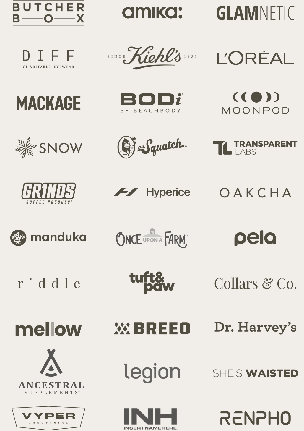 Brands SplitBase works with, including Dr. Squatch, L'Oréal, Kiehl's and Transparent Labs