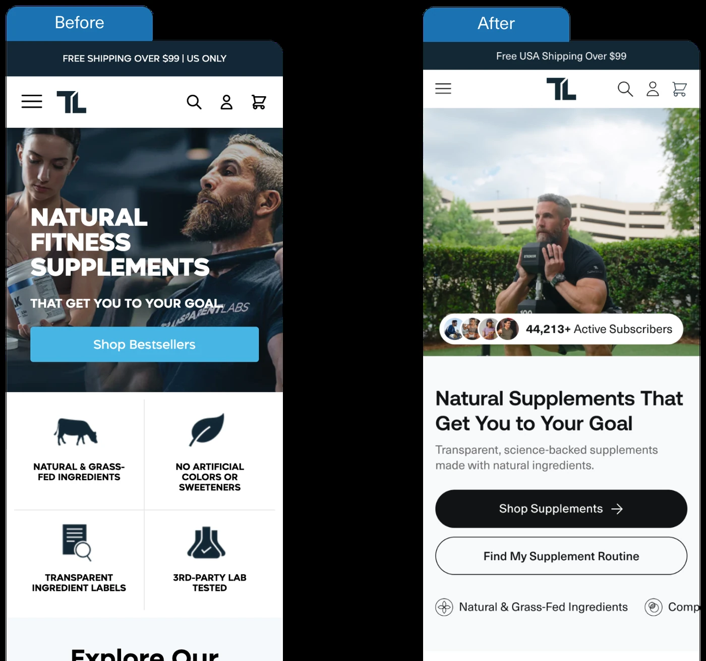 Transparent Labs homepage redesign, before and after