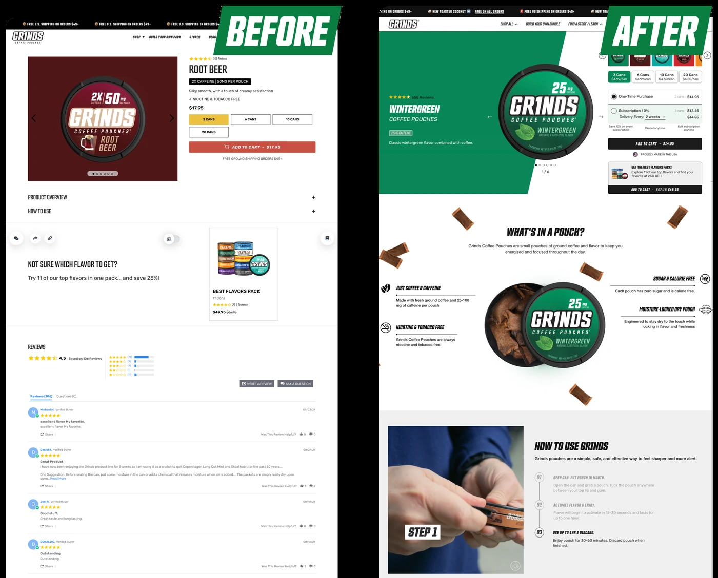 Grinds full site redesign, before and after