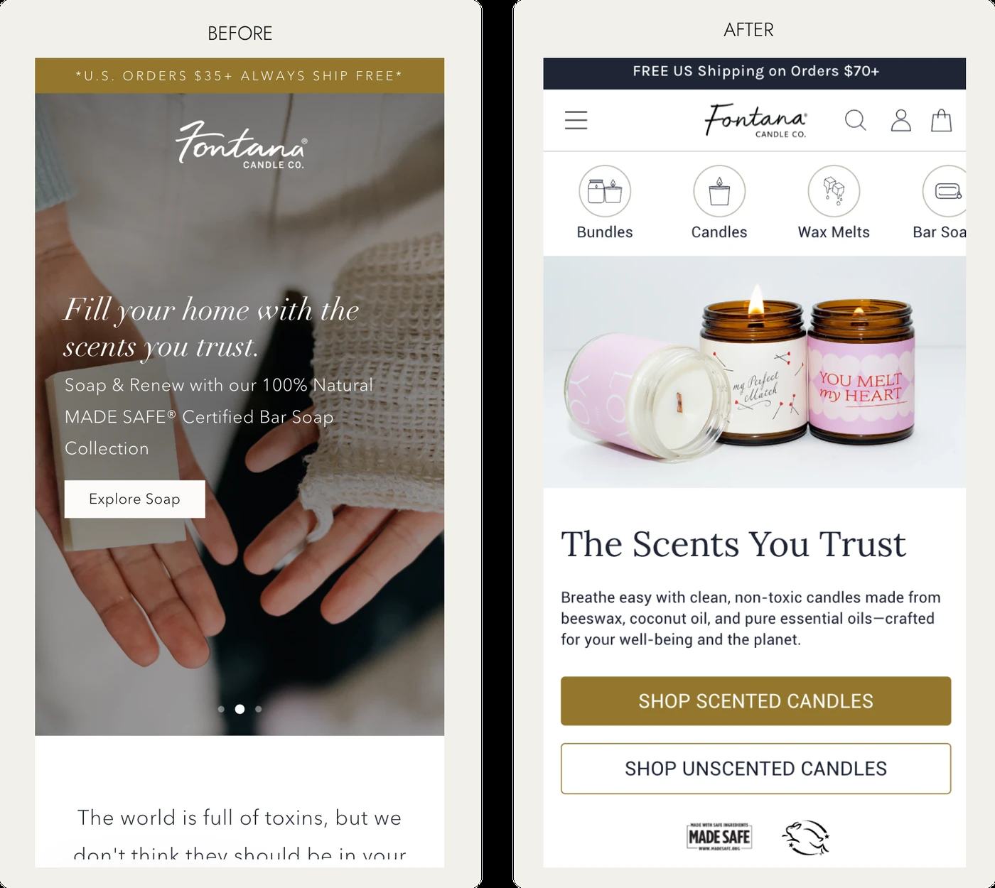 Fontana Candle Co. homepage redesign, before and after