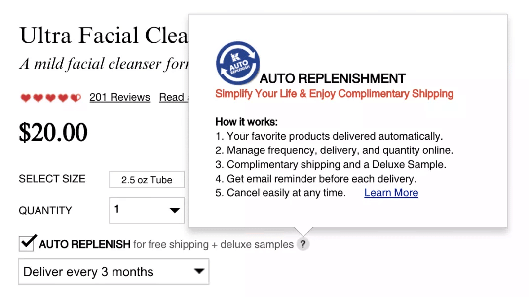 Kiehl's Auto Replenish subscription option with tooltip explaining how it works