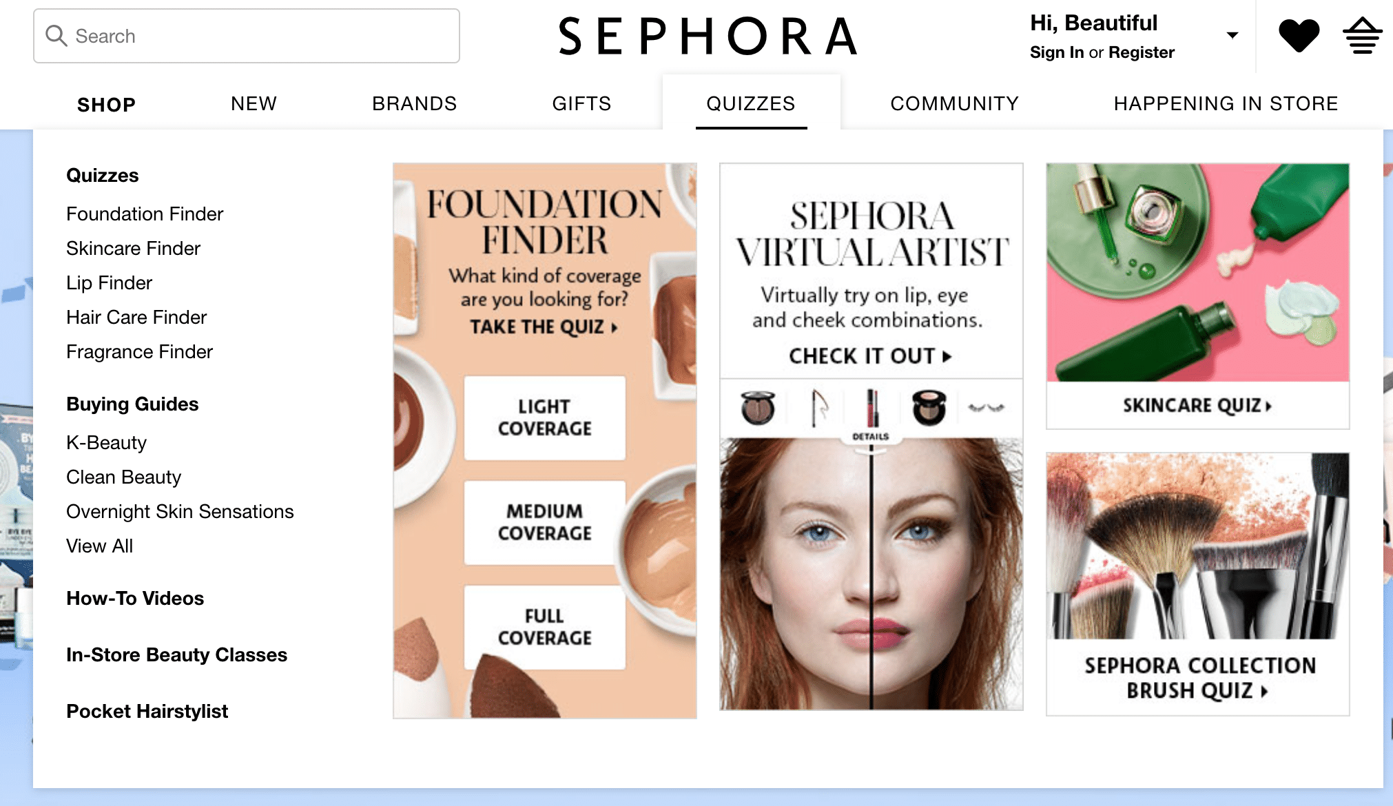 Sephora navigation menu with quizzes to help customers find the right product