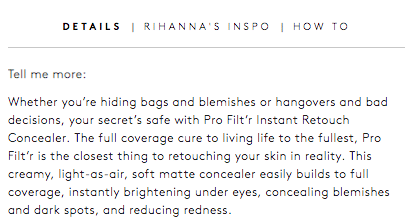 Fenty Beauty product description leading with outcomes over ingredients