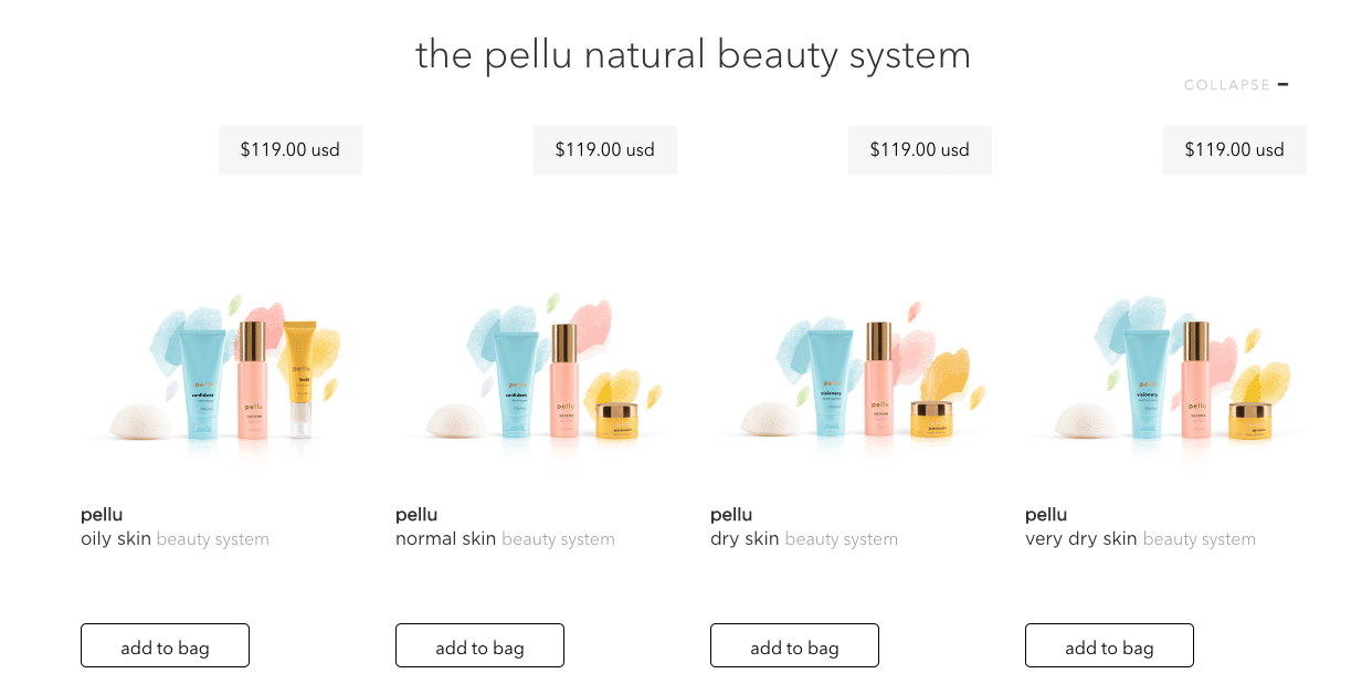Pellu Skincare product bundles differentiated by skin type on the category page