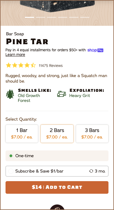 Dr. Squatch's product pages default to two bars of soap
